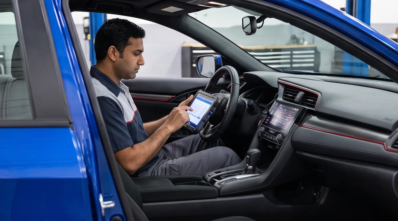 Technician using diagnostic equipment inside an import vehicle