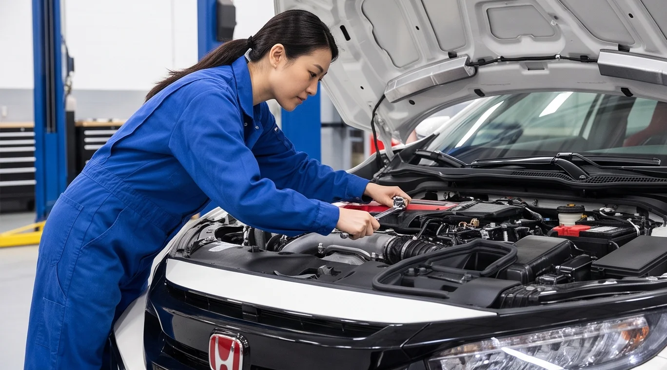 Technician performing engine service on an import vehicle