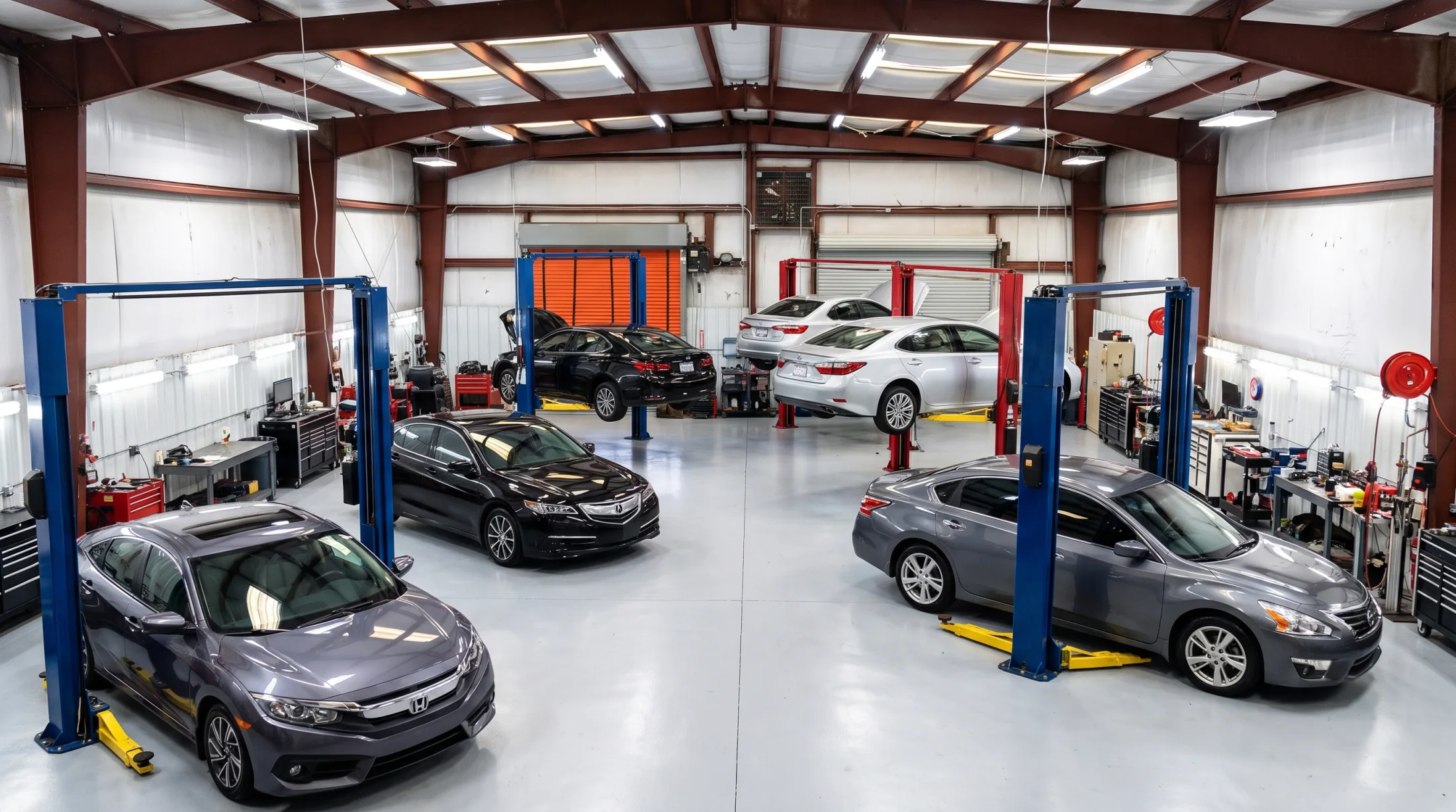 Clean import vehicle service bay with multiple lifts