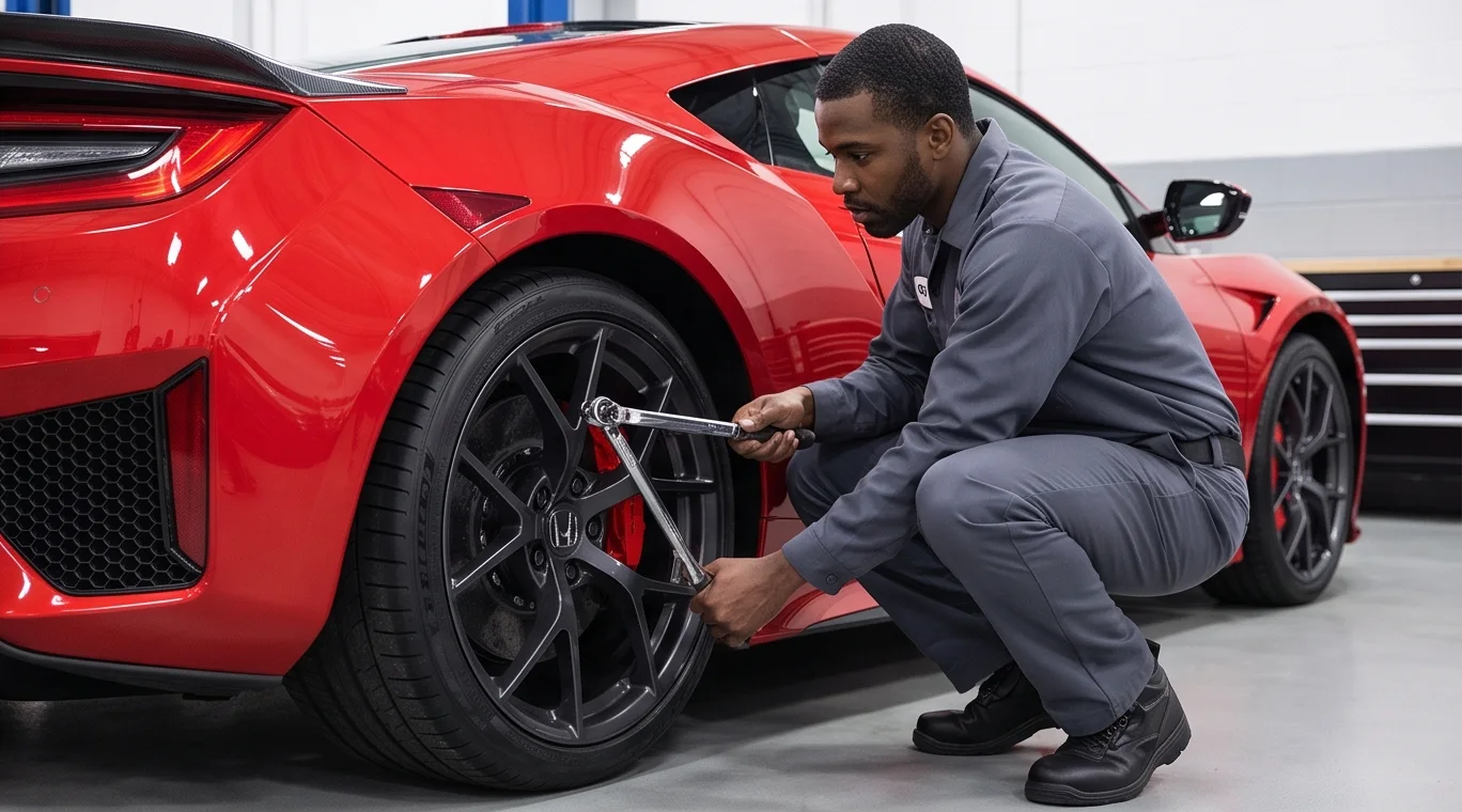 Technician servicing a performance vehicle wheel